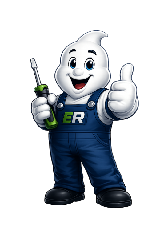 Mascote da ELE RESOLVE, de macacão azul, com chave de fenda e polegar levantado